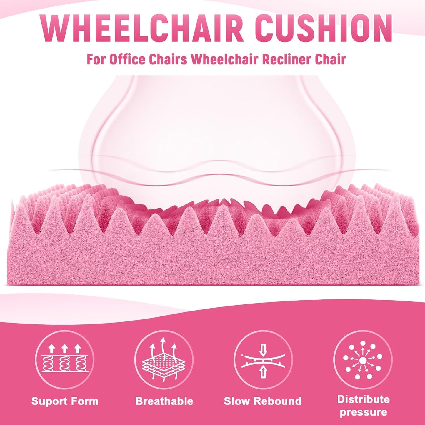 Geiserailie 1 Pcs 32 x 18 x 3 Inches Egg Foam Pad with Back Egg Foam Cushions Wheelchair Seat Cushion to Relieve Back for Office Chairs Wheelchairs Recliner Chair Accessories (Pink)
