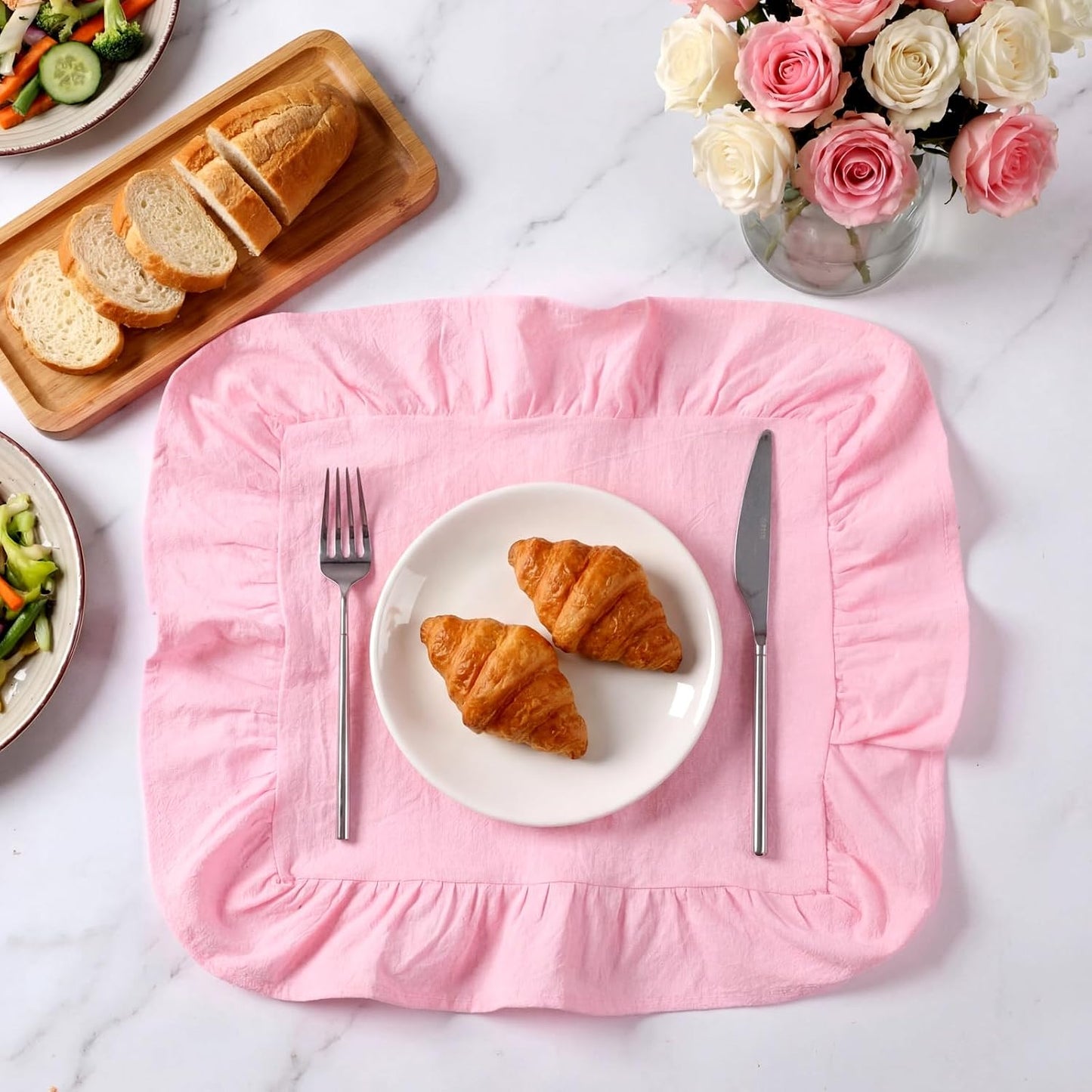 Patelai Set of 6 Pink Ruffle Placemat 16 Inch Light Pink Cotton Fabric Tablemat Farmhouse Rustic Decorative Scalloped Washable Place Mat for Valentines Wedding Holiday Party Kitchen Dining Table Decor