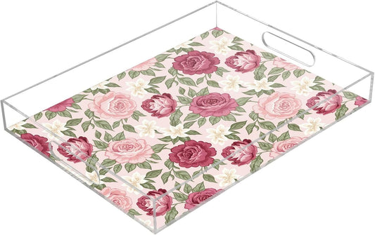Floral Flowers Leaves Pink Print Serving Tray with Handles Decorative Ottoman Rectangle Acrylic Tray for Kitchen Coffee Table Living Room 16x12 Inch