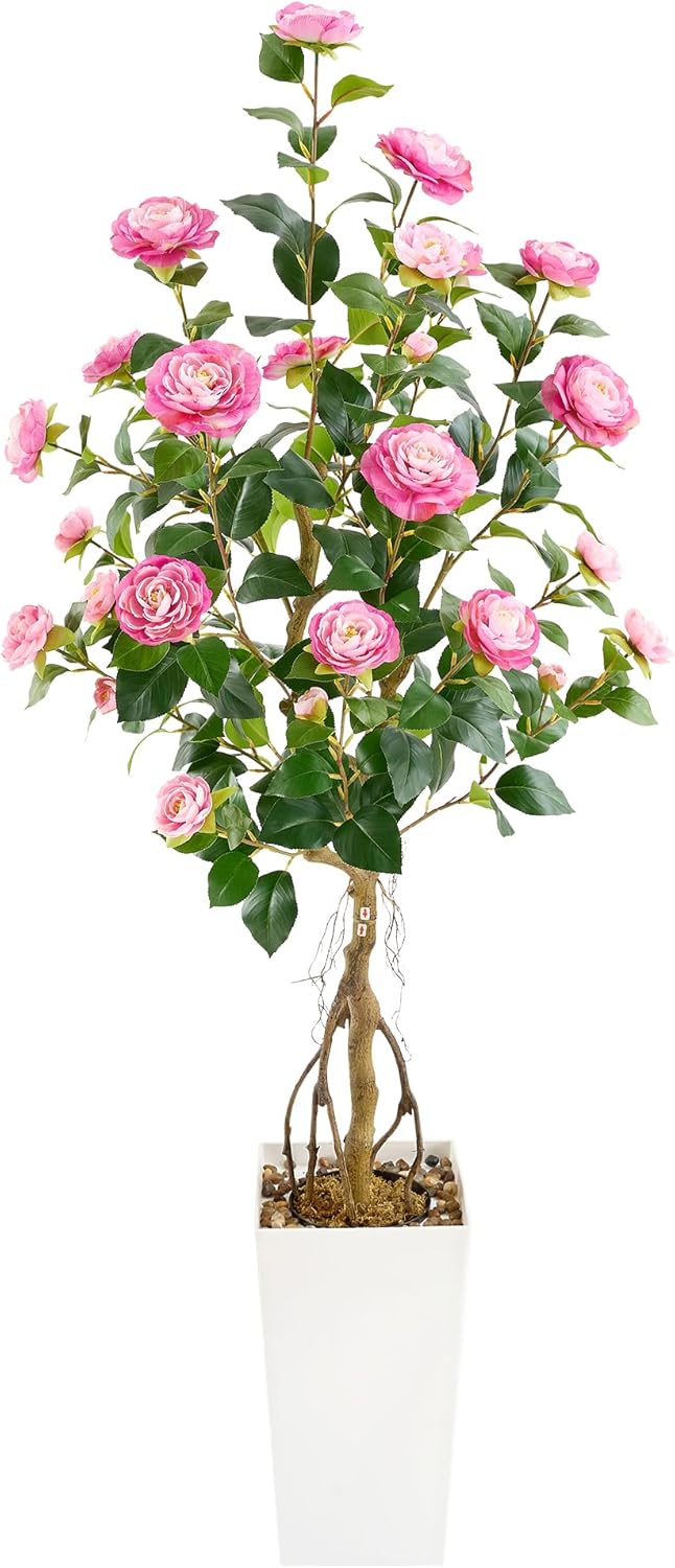5FT Artificial Camellia Tree with White Tall Planter, Pink Faux Plant Indoor Outdoor, Faux Camellia Plants for Porch, Living Room & Office Decor