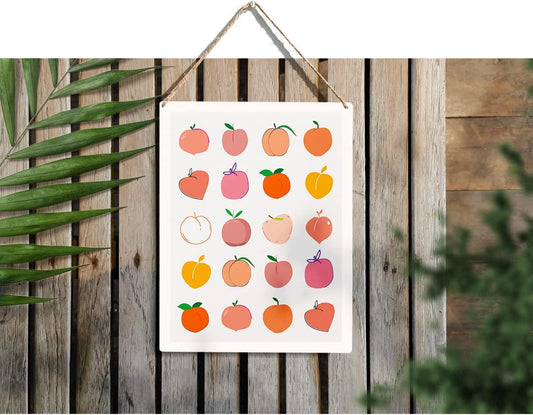 Colorful Fruit Peaches Wood Sign Peach Wooden Signs Rustic Hanging Plaque Home Wall Art "8 x 10", Perfect Sign Wall Decor for Home Bathroom Restroom Toilet