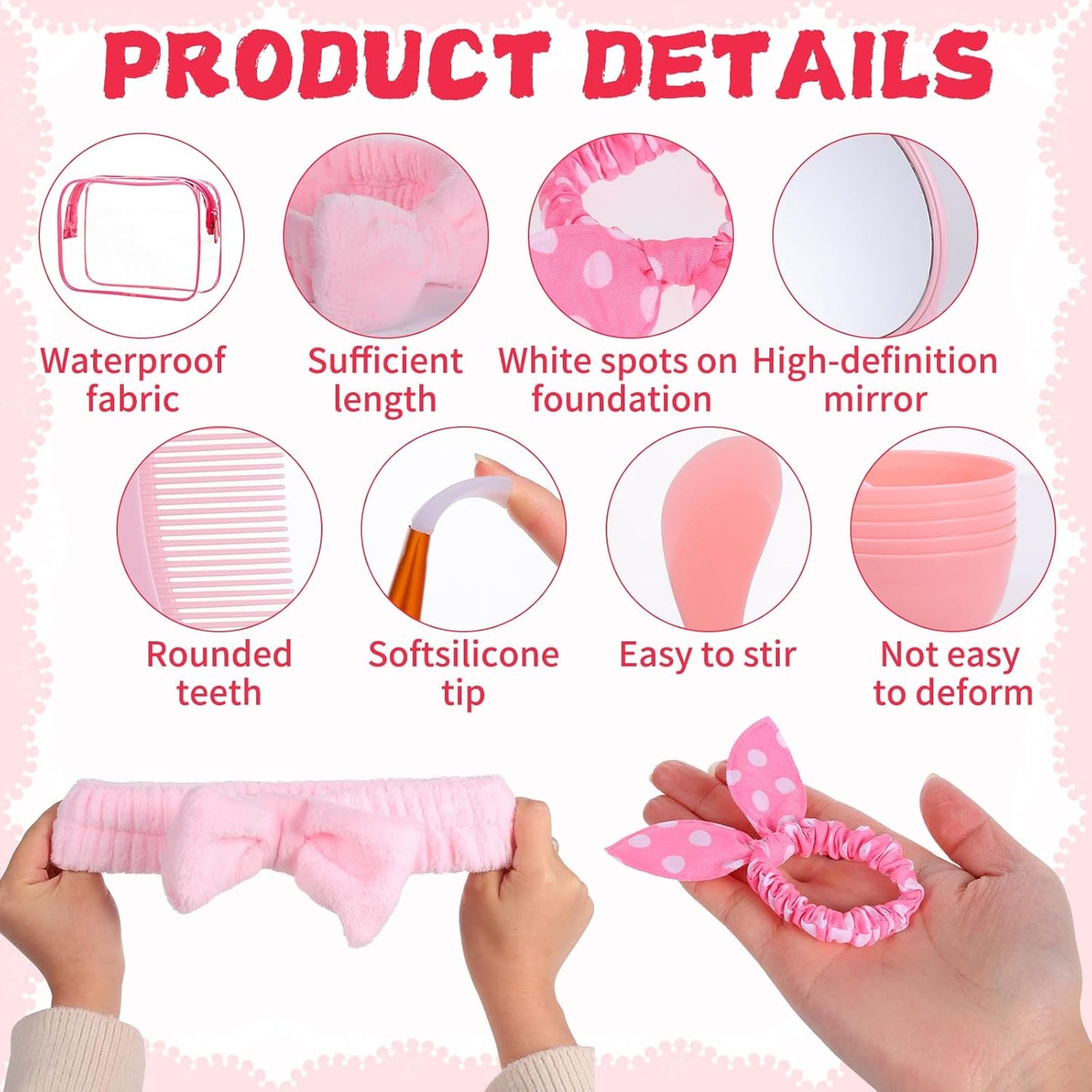 64 PCS Spa Sleepover Party Favor Supplies for Women Bulk, Include Pink Face Mask Mixing Bowl Sets, Handheld Mirrors, Combs, Headbands, Scrunchies, Cosmetic Bags for Slumber Party Supplies