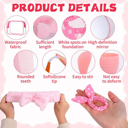 64 PCS Spa Sleepover Party Favor Supplies for Women Bulk, Include Pink Face Mask Mixing Bowl Sets, Handheld Mirrors, Combs, Headbands, Scrunchies, Cosmetic Bags for Slumber Party Supplies