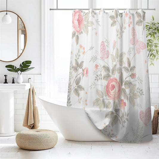 Renaiss Rose Floral Shower Curtain Vintage Pink Rose Flower with Branches and Butterfly Waterproof Fabric Shower Curtain for Bathroom Decor 72x72 inches