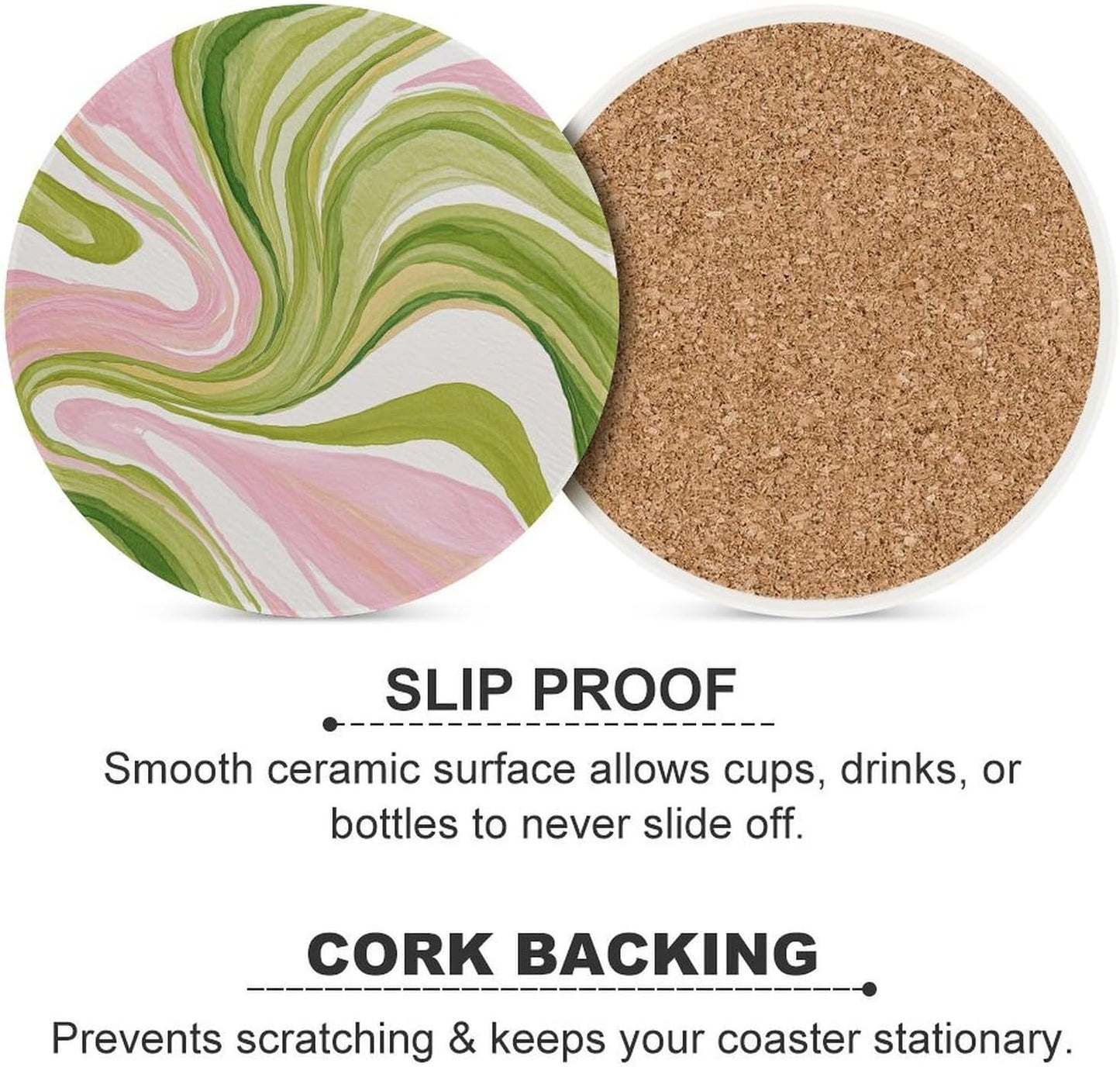 Watercolor Light Pink Green Swirl Marble Coasters Set of 4 Absorbent Coasters
