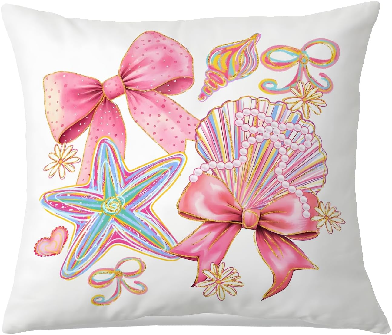 Coquette Beach Pillow Cover 18x18 Inches, Pink Bow Starfish Seashell Pillow Cover,Pink Preppy Room Decor， Coastal Beach Themed Pillows Decor, Girl Nautical Gift for Bedroom.