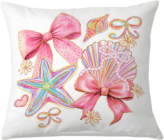 Coquette Beach Pillow Cover 18x18 Inches, Pink Bow Starfish Seashell Pillow Cover,Pink Preppy Room Decor， Coastal Beach Themed Pillows Decor, Girl Nautical Gift for Bedroom.