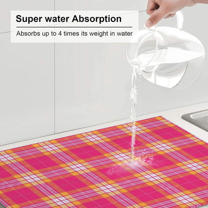 Dish Drying Mat Kitchen Counter Absorbent Pink And Orange Tartan Plaid Coffee Sink Mat Dish Drainer Pad 18 Inch X 24 Inch