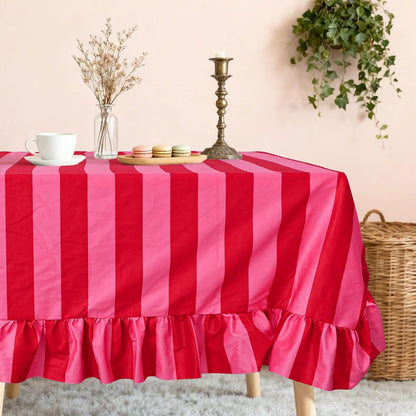 JarThenaAMCS Ruffle Tablecloth Table Cloth Boho Pink Red Striped Rectangle Decorative Table Cover for Home Kitchen Baby Shower Party Wedding Decor, 60 x 120 Inch