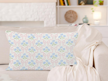 Coquette Pink Bow Hydrangea Floral Pillow Covers 12x20, Coquette Room Decor, Preppy Ribbon Bow Blue Hydrangea Flower Decorative Lumbar Pillow Covers for Girls Bedroom Dorm Home