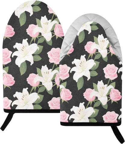 Oven Mitt 2 Pack Set Pink Roses and Lilies Flowers Kitchen Mitts Gloves for for Cooking Baking Grilling