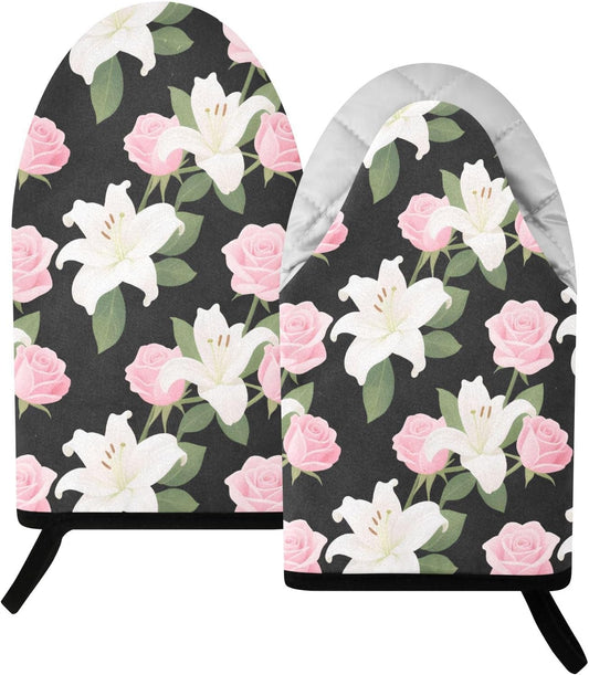 Oven Mitt 2 Pack Set Pink Roses and Lilies Flowers Kitchen Mitts Gloves for for Cooking Baking Grilling