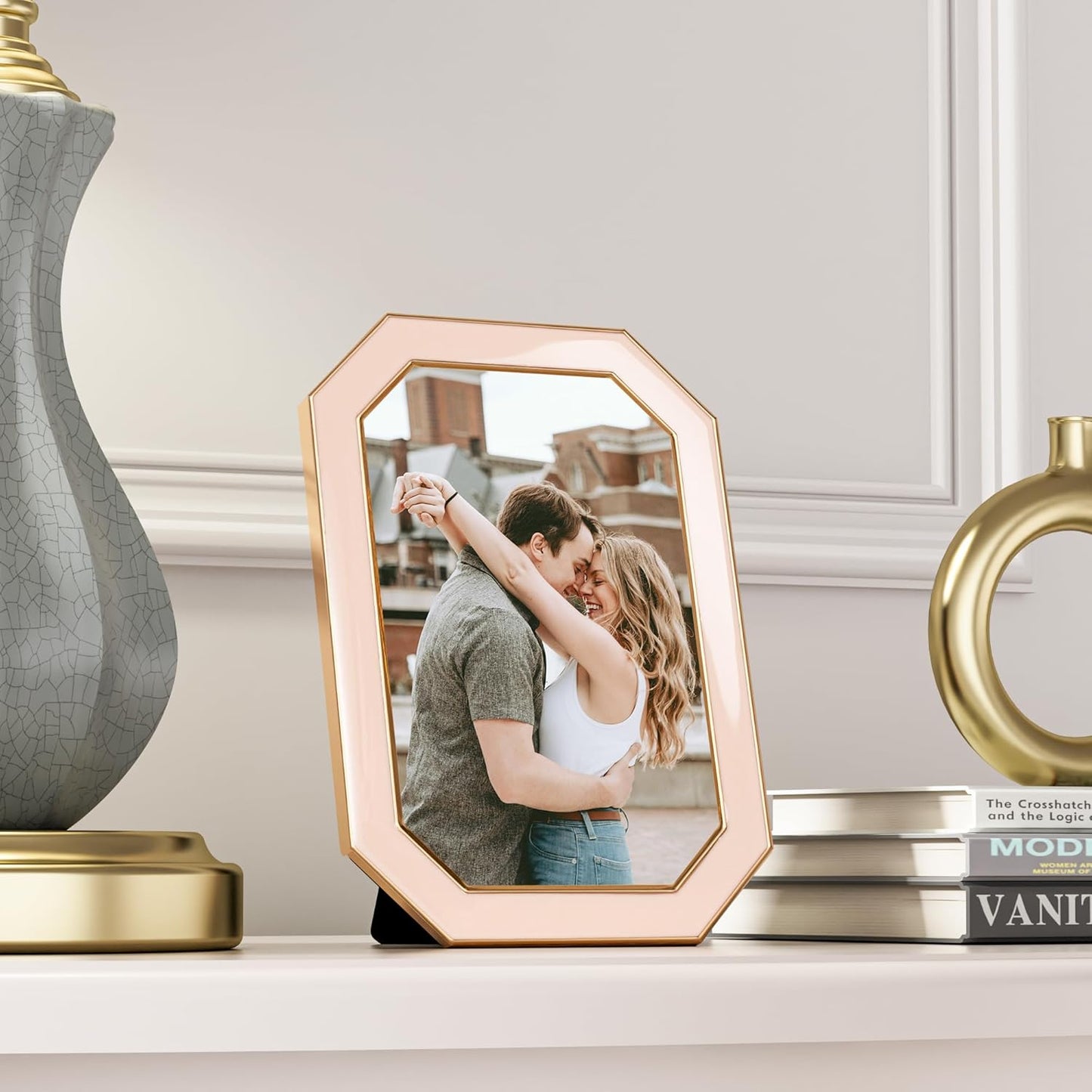 RICHFOCUS 4x6 Enamel Picture Frame with HD-Tempered Glass, Octagon Photo Frame with Gold Metal Edge and Velvet Back for Tabletop and Wall Mount Display, Pink