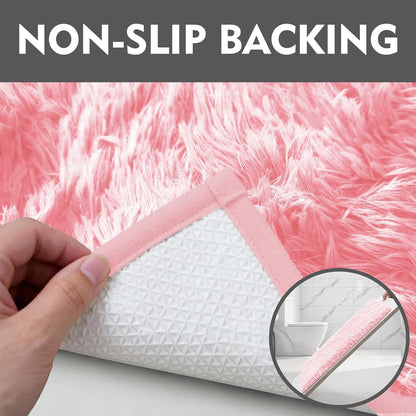 Shaggy Bathroom Rugs Sets 3Piece Bath Mat for Bathrom Non-Slip Bathrom Mats Water Absorbent Bath Rug Floor Mats Soft Washable Shower Rug with U-Shaped Contour Rug Toilet Lid Cover Light Pink