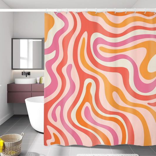 Abstract Pink Shower Curtain 60Wx72H Inches, Retro Orange Shower Curtain, Groovy Aesthetic Cute 70s Retro Spiral Swirl Colorful Modern Bathroom Decor Cloth Fabric Waterproof with Hooks