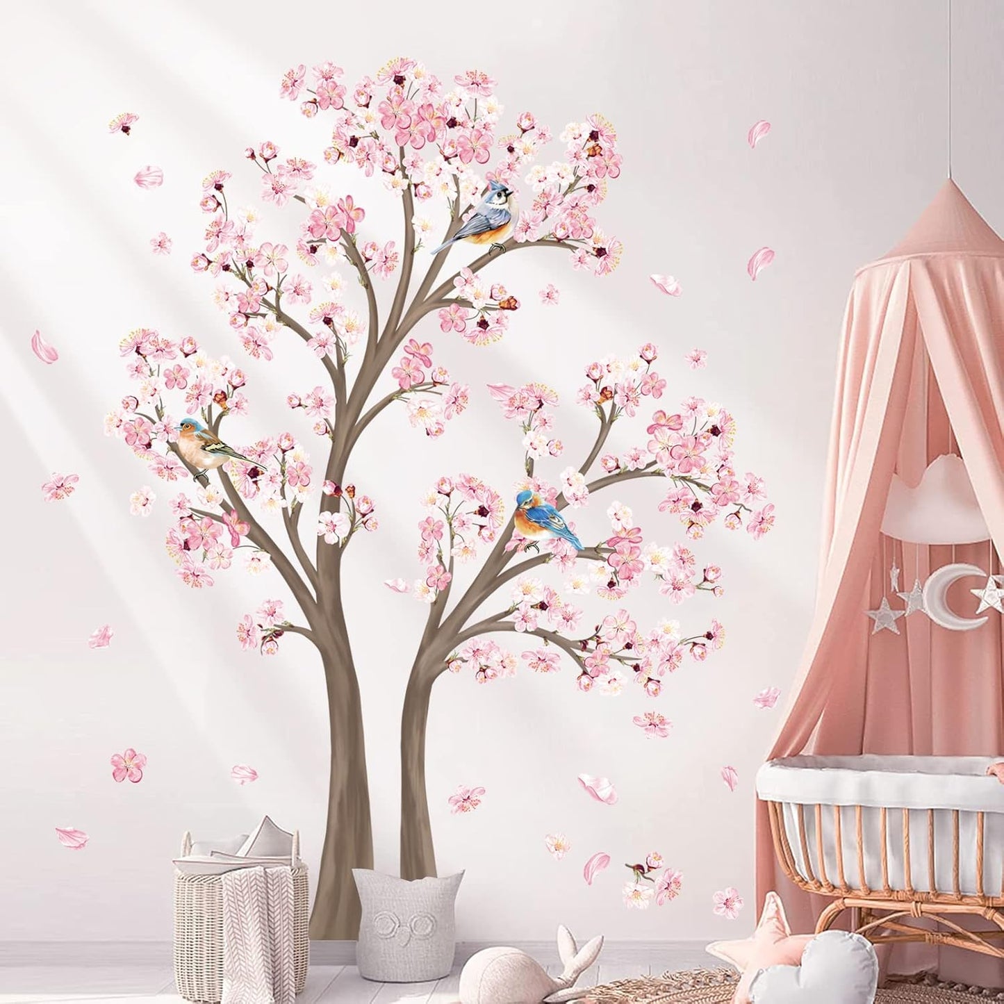 Decalmile Large Cherry Blossom Tree Wall Decals Pink Flower Branch Wall Stickers for Living Room Bedroom Baby Nursery Decor (Tree H: 67 Inch)