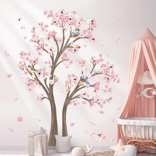 Decalmile Large Cherry Blossom Tree Wall Decals Pink Flower Branch Wall Stickers for Living Room Bedroom Baby Nursery Decor (Tree H: 67 Inch)