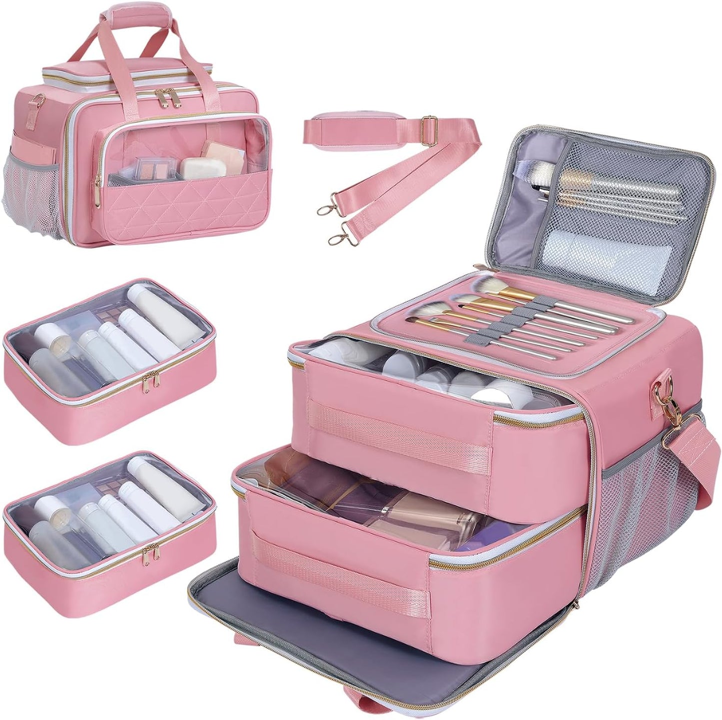 Large Makeup Bag, Travel Toiletry Bag with Zipper, Multifunctional Compartments Cosmetics Bag, for Toiletries, Cosmetics, Brushes & Beauty Tools (Pink)
