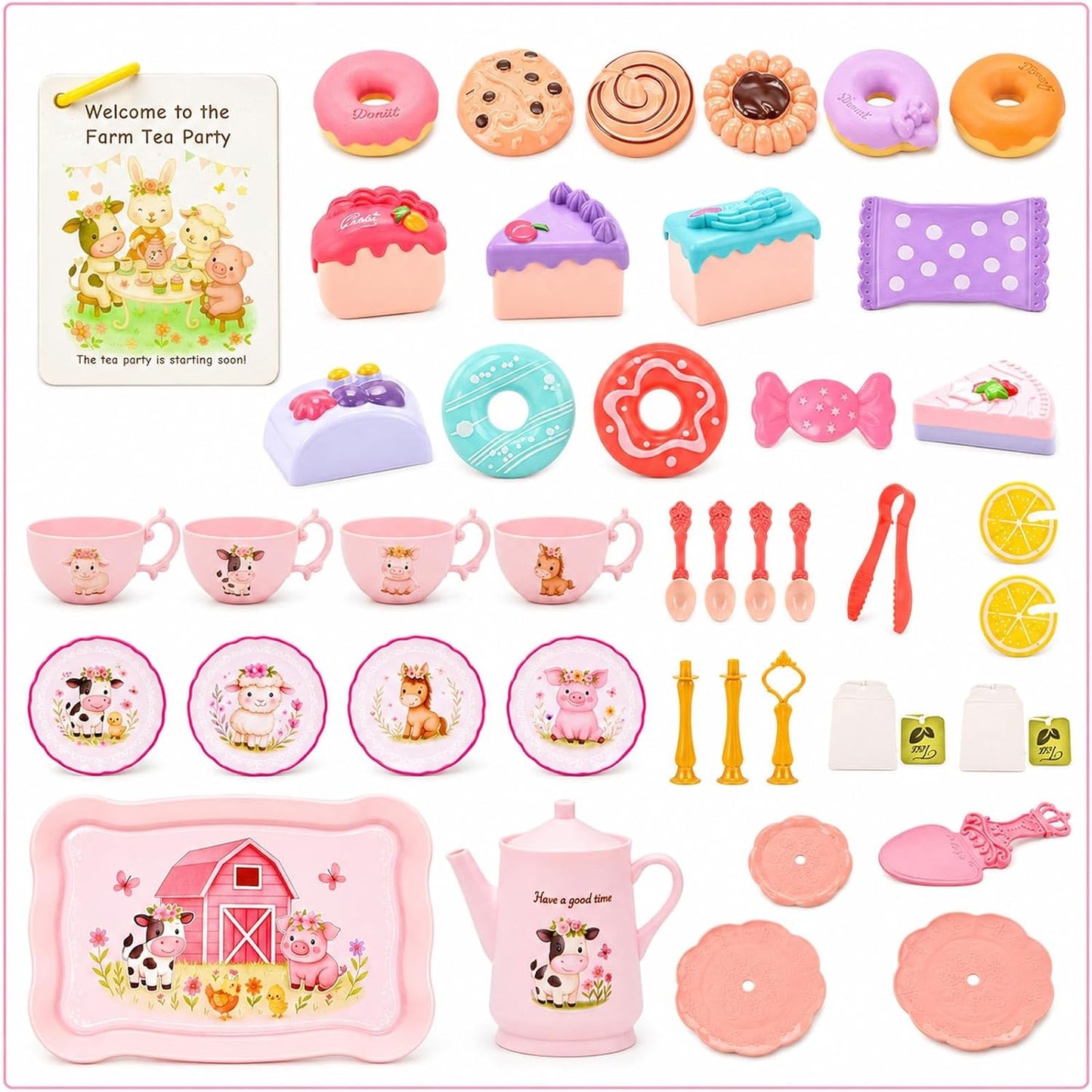 Lajeje Pink Barn Tea Party Set for Little Girls, 47PCS Farm Animal Pretend Play Tea Time Kit, Tea Sets for Toddlers 3-5 with Teapot & Story Cards, Carry Case Girls Birthday Gift, Easter Basket Stuffer