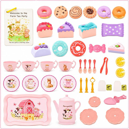 Lajeje Pink Barn Tea Party Set for Little Girls, 47PCS Farm Animal Pretend Play Tea Time Kit, Tea Sets for Toddlers 3-5 with Teapot & Story Cards, Carry Case Girls Birthday Gift, Easter Basket Stuffer