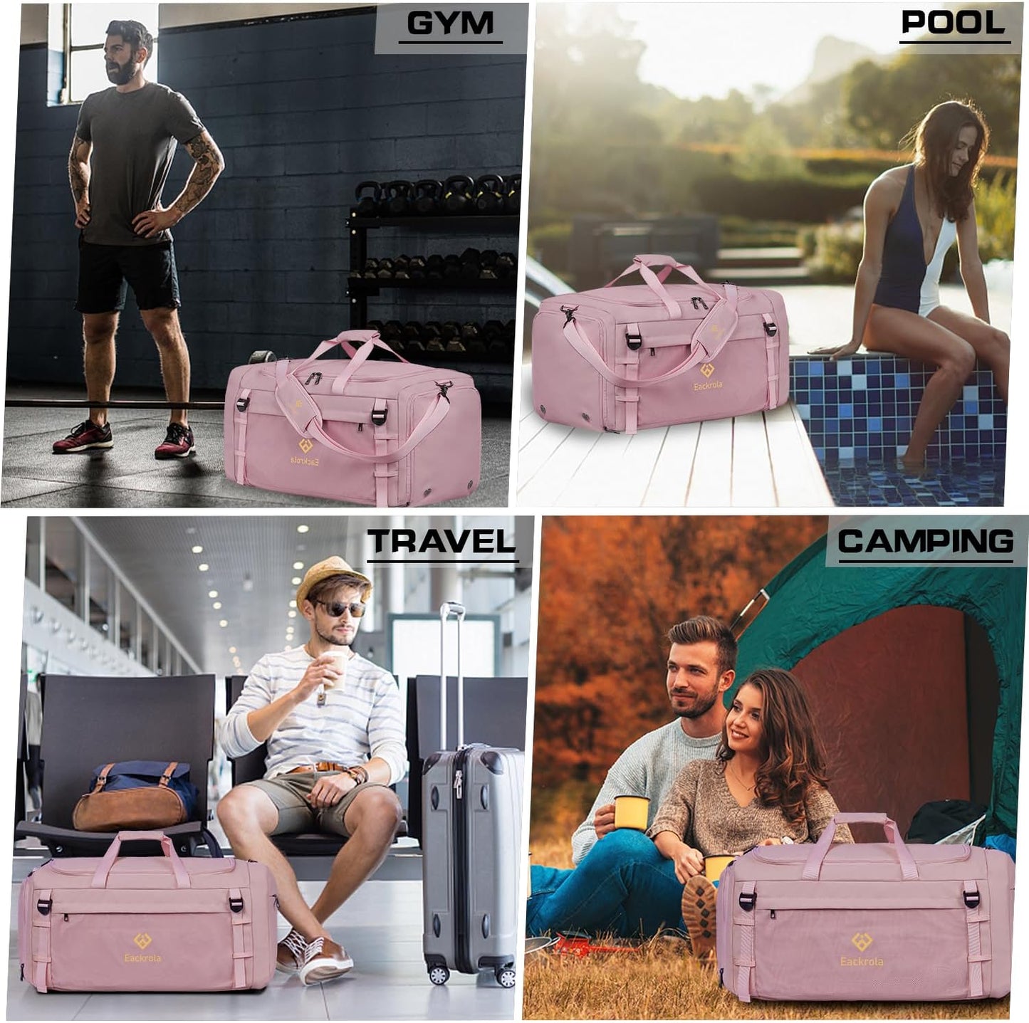 Large Sports Gym Bag, Travel Duffel bag with Wet Pocket & Shoes Compartment for men women, 65L, Lightweight（Pink）