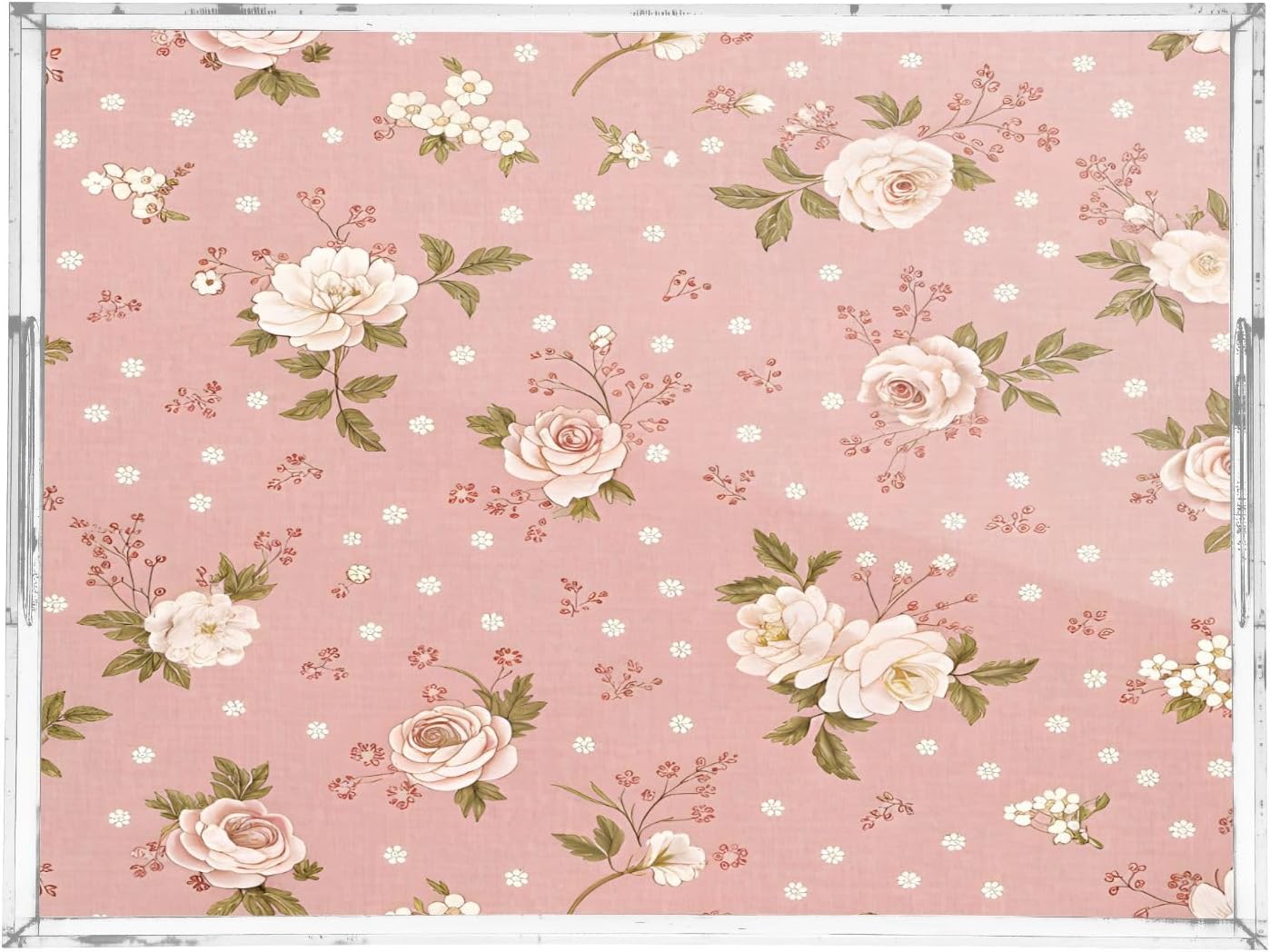 Pink Floral Pattern Serving Tray 12" x 16" Acrylic Trays with Handles Decorative Serving Platter for Coffee, Breakfast in Bed, Dinner, Appetizers, Patio, Party