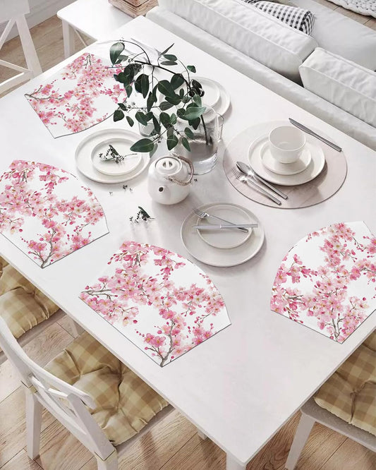Round Table Placemats Set of 4, Spring Pink Blossom Peach Wedge Table Mat Washable Placemat, Watercolor Flower Tree Branch Fan Shape Place Mats for Kitchen Indoor Outdoor