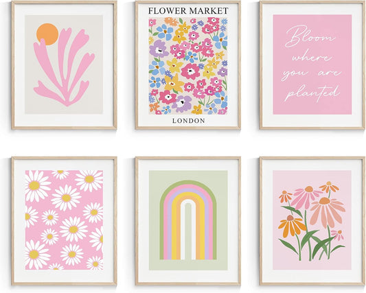 Habseligkeit Pink Danish Pastel Wall Decor for Girls Dorm, Boho Matisse Wall Art Prints, Flower Market Posters for Room Decor Aesthetic Unframed, 8x10in, Set of 6