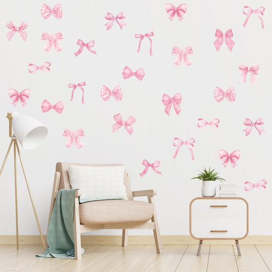 Bowtie Decal Pink Bow Wall Stickers - 60Pcs Watercolor Coquette Aesthetic Wall Stickers Light Pink Bow Knot Wall Art Decor Vinyl Peel and Stick Room Decor for Kindergarten Nursery Bedroom