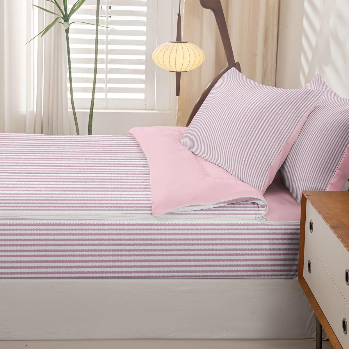 Erosebridal Abstract Striped Light Pink Zipper Comforter Set Full Lines Stripe Bedding Set with Comforters, Sheets, Pillowcases Pinstripe Bed in a Bag Modern Simple Style Bedroom Decor