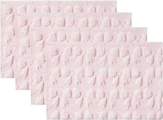 Artoid Mode Pink Bows Spring Placemats Set of 4, 12x18 Inch Soft Plush Faux Fur Wool Holiday Table Mats for Party Kitchen Dining Decoration
