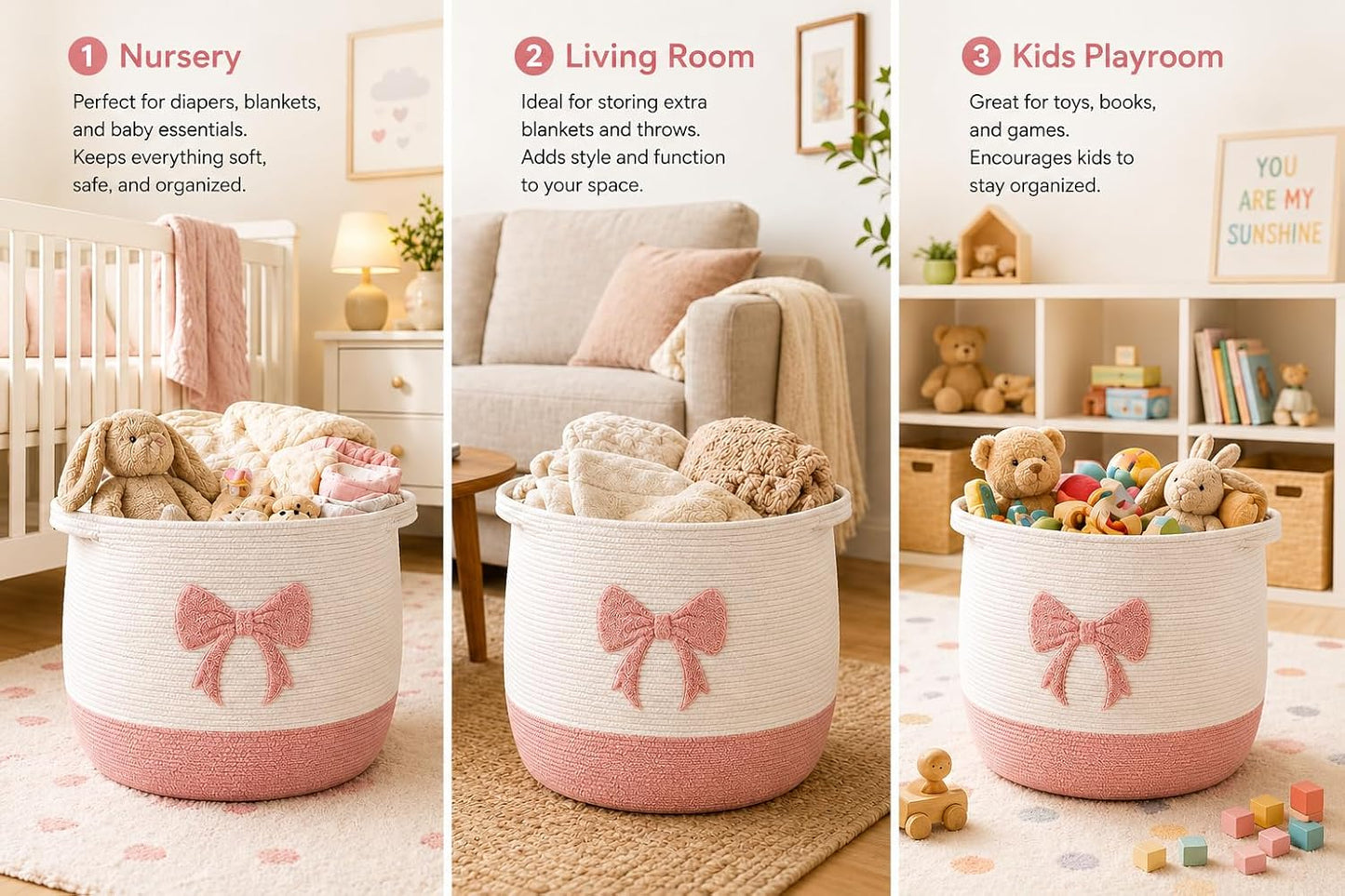 Baby Laundry Basket, Toy Storage Basket for Kids, Large Nursery Storage Basket with Pink Bow Design, Cotton Rope Organizer Bin with Handles for Toys, Blankets, Clothes and Baby Essentials