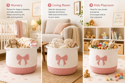 Baby Laundry Basket, Toy Storage Basket for Kids, Large Nursery Storage Basket with Pink Bow Design, Cotton Rope Organizer Bin with Handles for Toys, Blankets, Clothes and Baby Essentials