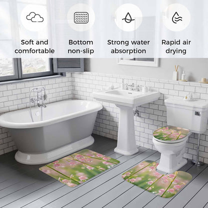 Bathroom Rugs and Mats Sets 3 Piece Pink Flower Bathroom Rugs Set Non Slip Water Absorbent Sunlight Dewdrop Scenery Shower Bath Mats U-Shape Contoured Toilet Mat Lid Cover 20"x31"+16"x18"+16"x20"