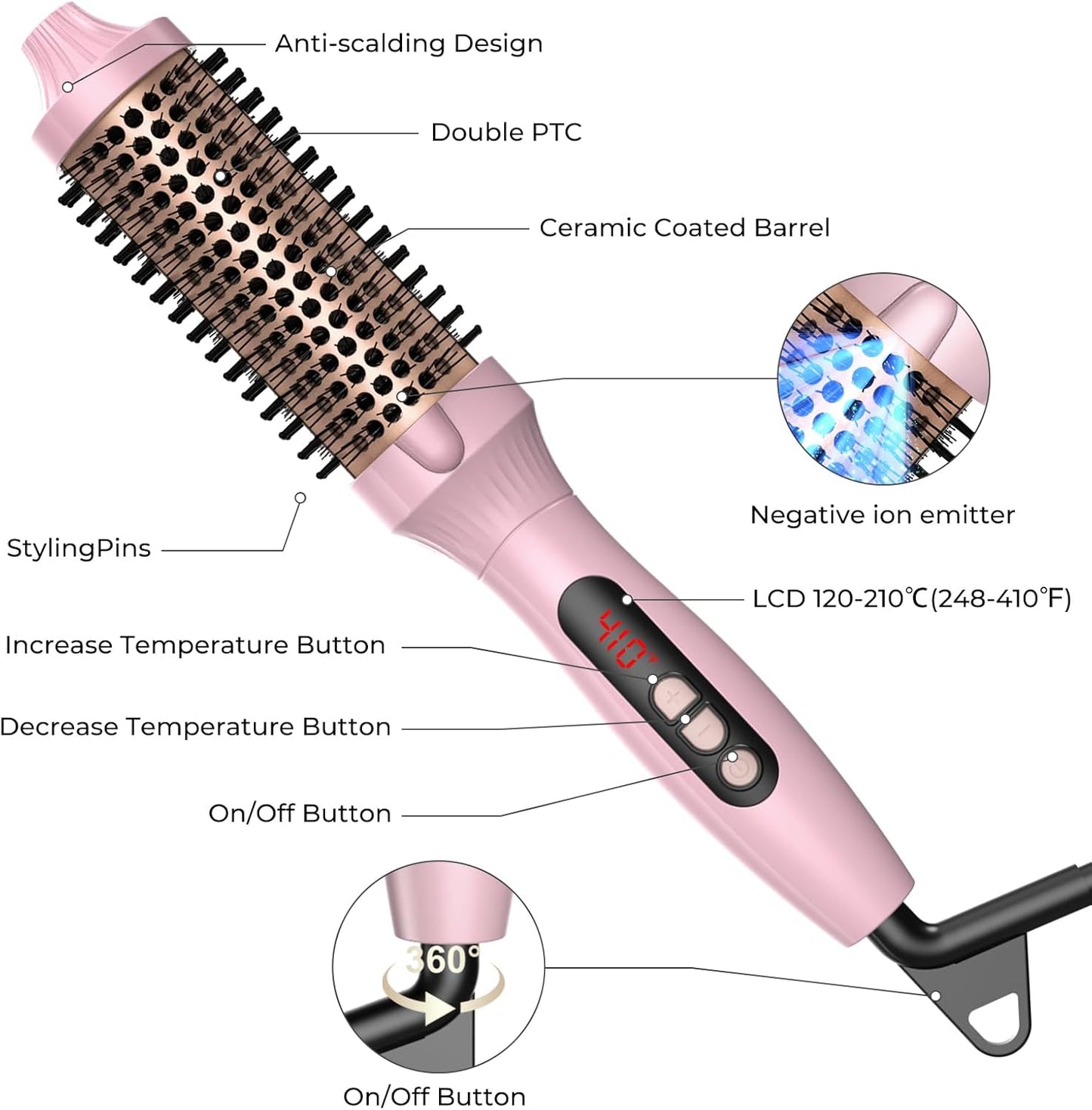 1.5 in Thermal Brush, Curling Iron Heated Round Curling Volumizing, The Ceramic Barrel Heats up 30S, LCD Display 10 Temperatures frizz-Free Curls The Ionic