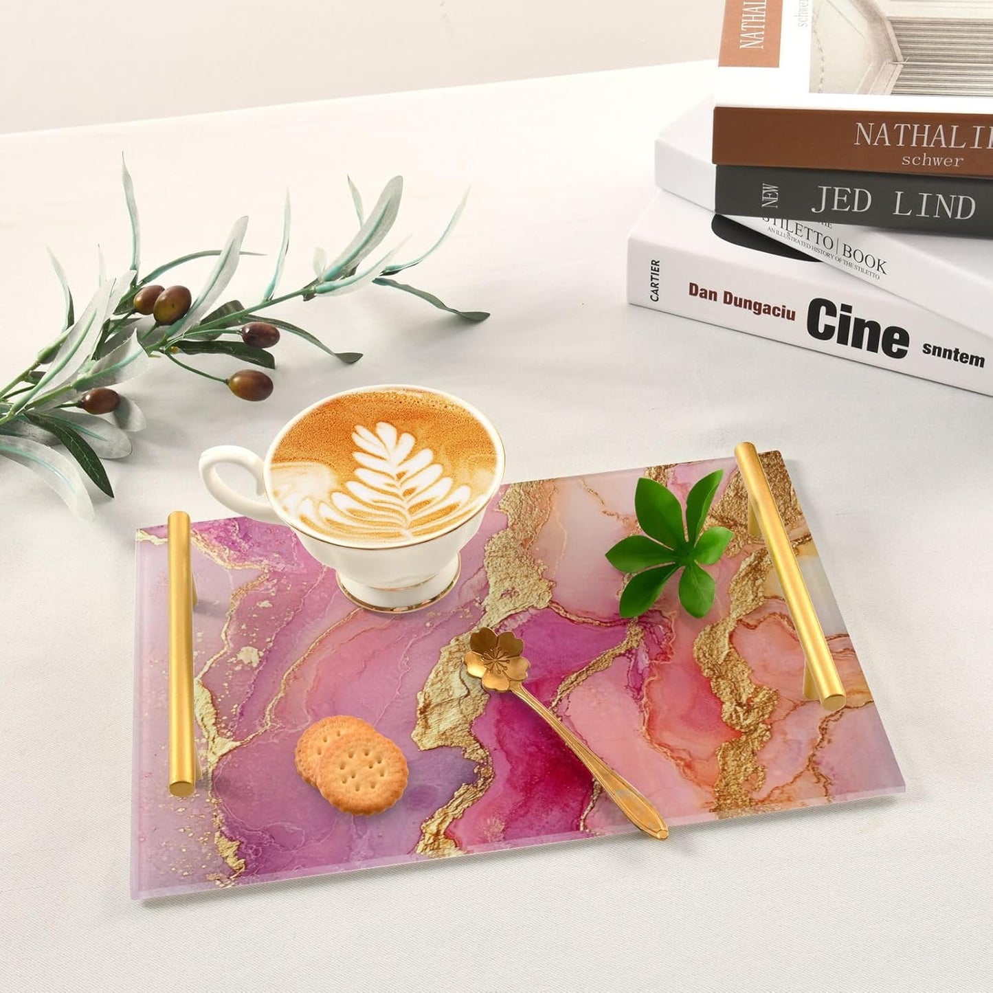 Marble Rose Gold Hot Pink Decorative Acrylic Cafeteria Tray with Handles Flat Serving Tray for Jewelry Perfume for Drink Serving Tabla para desayuno