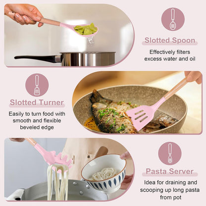 P&P CHEF Cooking Utensils Set, 6 PCS Kitchen Utensils with Wooden Handle, Silicone Spatula for Nonstick Cookware, Easy Clean & Non-toxic, Pink