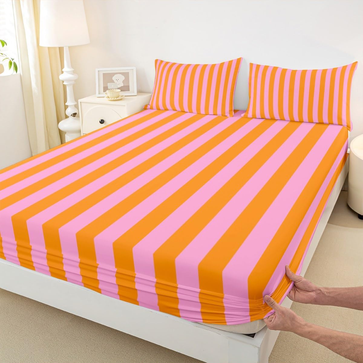Kids Pink Orange Bedding Twin Size Abstract Fitted Sheet with 1 Pillowcases for Boys Girls Teens Bedroom Decor Stripes Bed Sheets Set 16" Deep Pocket Breathable Soft Microfiber Women Men Geometric