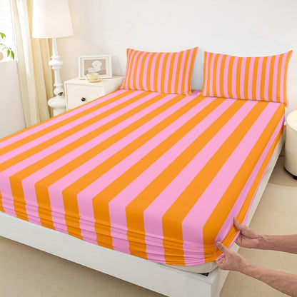 Kids Pink Orange Bedding Twin Size Abstract Fitted Sheet with 1 Pillowcases for Boys Girls Teens Bedroom Decor Stripes Bed Sheets Set 16" Deep Pocket Breathable Soft Microfiber Women Men Geometric