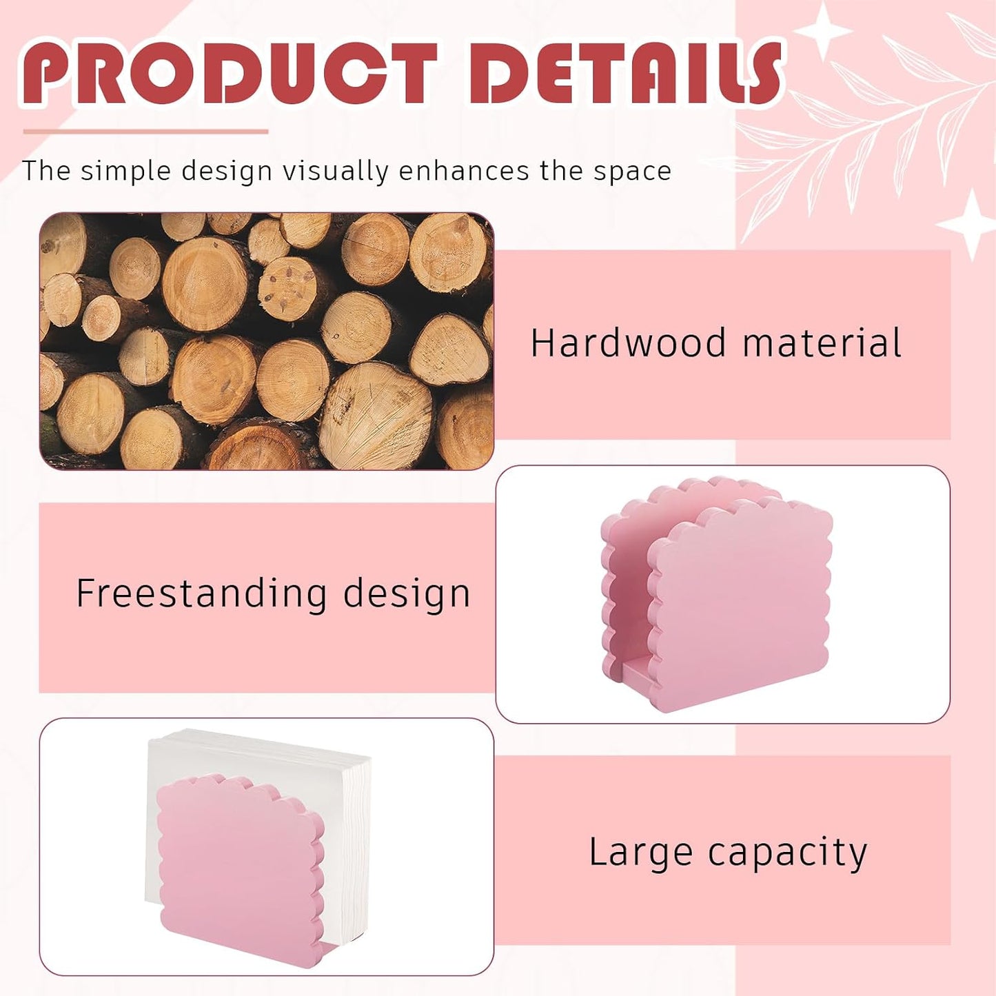 Acacia Wood Napkin Holder Scalloped Upright Napkin Dispenser for Table Rustic Cute Guest Paper Holder for Kitchen Dining Room Wedding Party Restaurant Hotel(No Text,Pink)