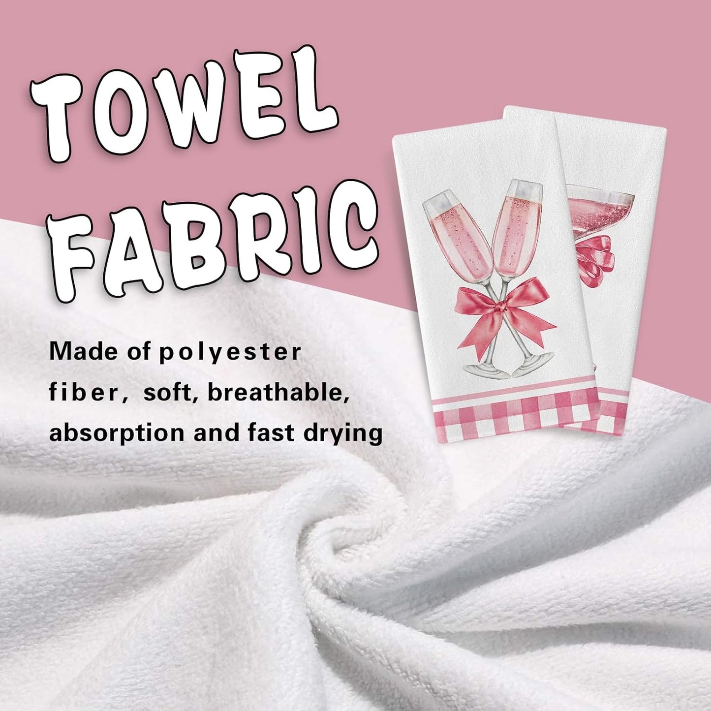 Pink Champagne Kitchen Dish Towels Set of 2, Romantic Coquette Bow Glass Girly Drying Hand Towel Baking Cooking Cloth, Plaid Farmhouse Bathroom Home Decoration Gift for Girl Women 18'' x 26''