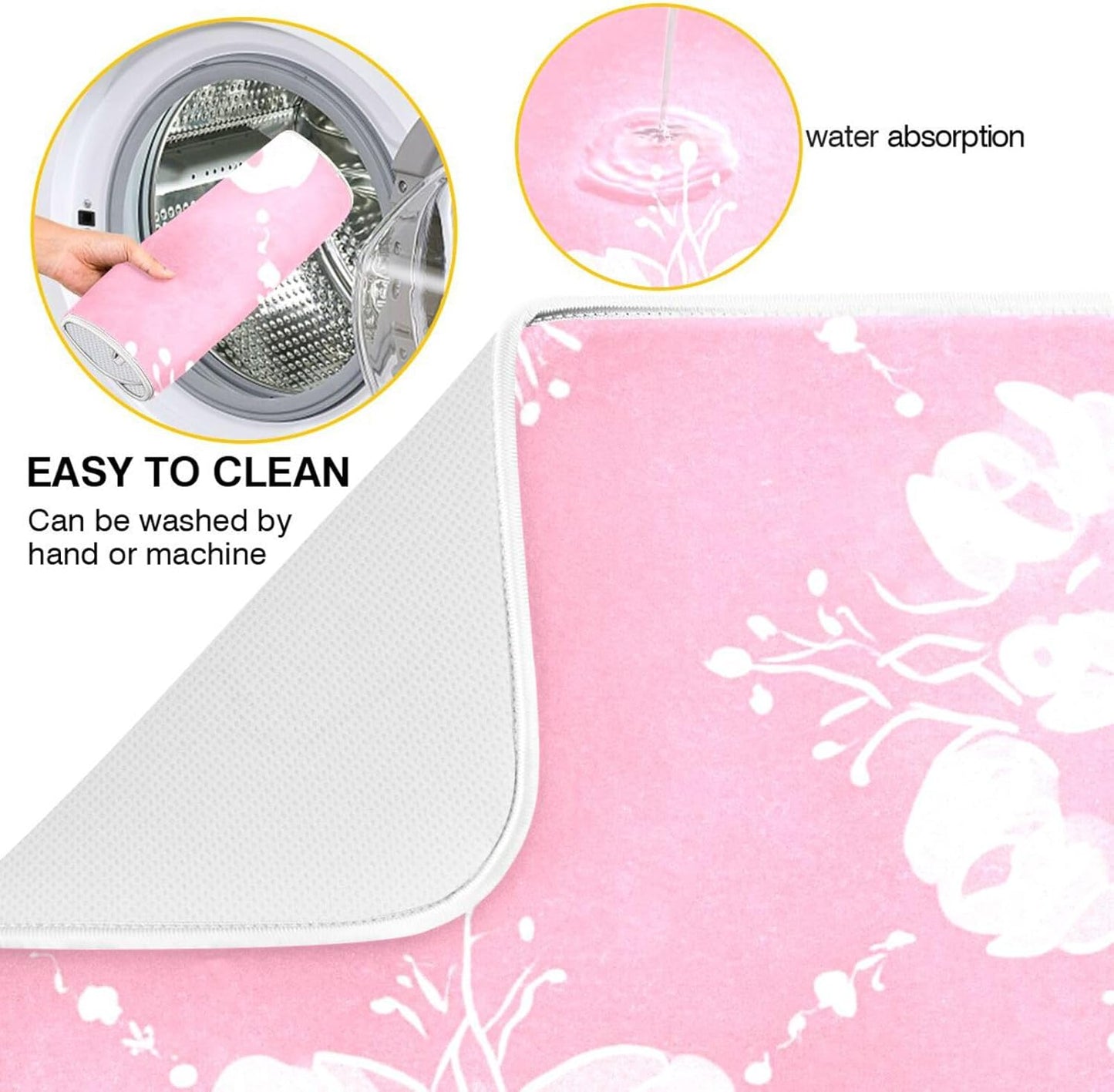 OTVEE Light Pink Pattern Dish Drying Mat for Kitchen Counter Absorbent Heat Resistant Microfiber Dishes Drainer Mat 16x18 in Dish Pad Sink Mat Protective Pad Kitchen Decor