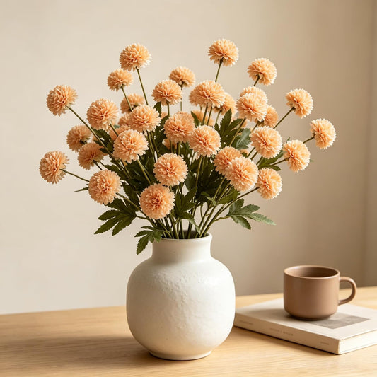 Fake Silk Chrysanthemum, Apricot Peach, 10 Pcs | Mini Mums with Stems, DIY Bouquets, Home Decor Floral Arrangements, Vase Fillers, Wedding Centerpieces
