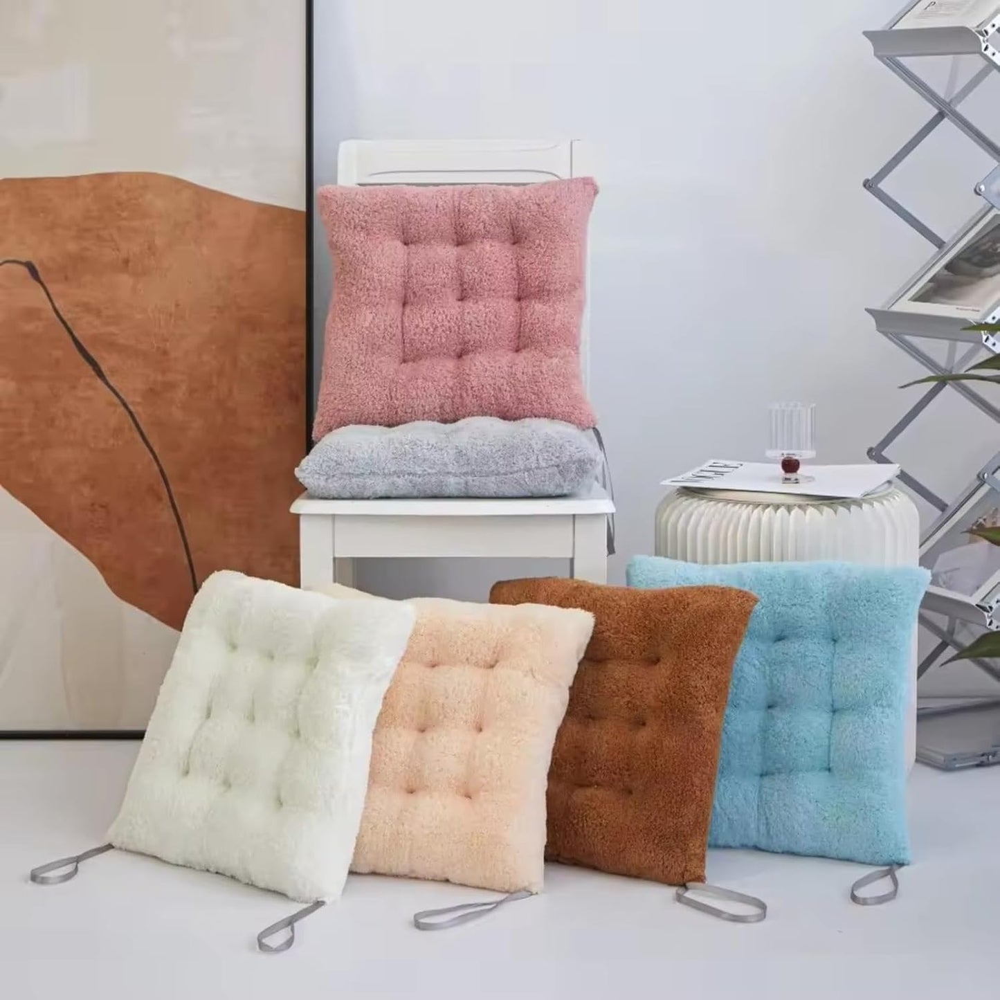 Luxury Sherpa Fleece Chair Cushions with Ties Cushion Pillow 15x15x3 Inch Thick Padding & Tufted Design Plush Tufted Chair Pads for Indoor Dining Room and Kitchen Chairs (Pink,15"x15")