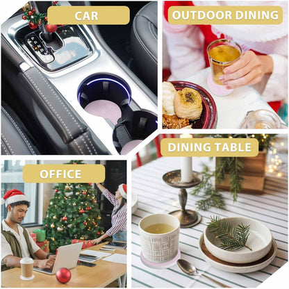 Simple White Striped Car Coaster, Pink Stripes Modern Style Absorbent Ceramic Coasters for Car, 2 Pcs Coasters for Auto Cupholder Accessories Keep Vehicle Clean 2.56inch
