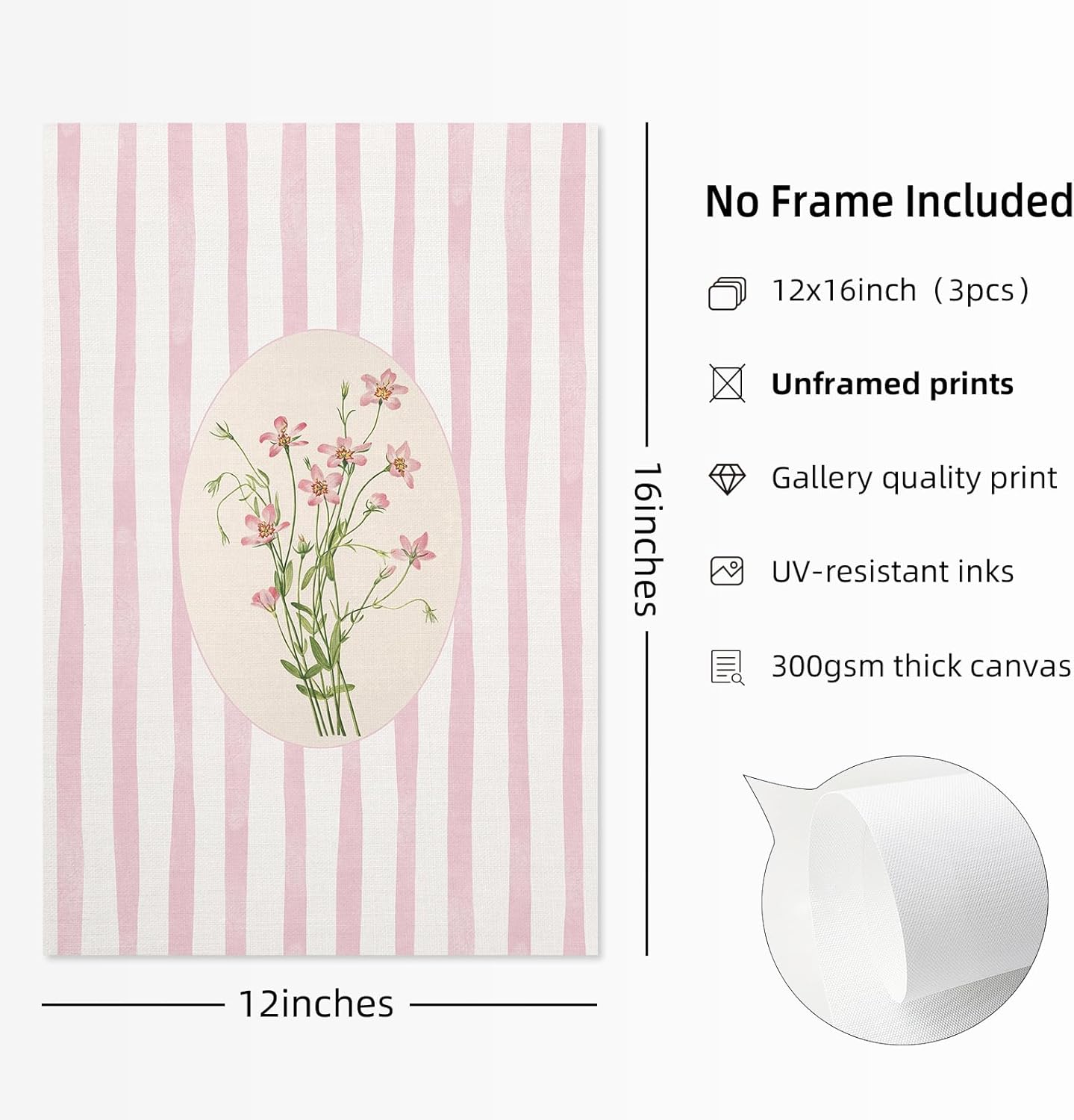 Youillne Pink Flower Wall Art Striped Floral Prints Botanical Canvas Wall Decor Aesthetic Pictures Pastel Pink Floral Poster Minimalist Flower Painting for Girl Room 12x16 Inch Unframed Set of 3