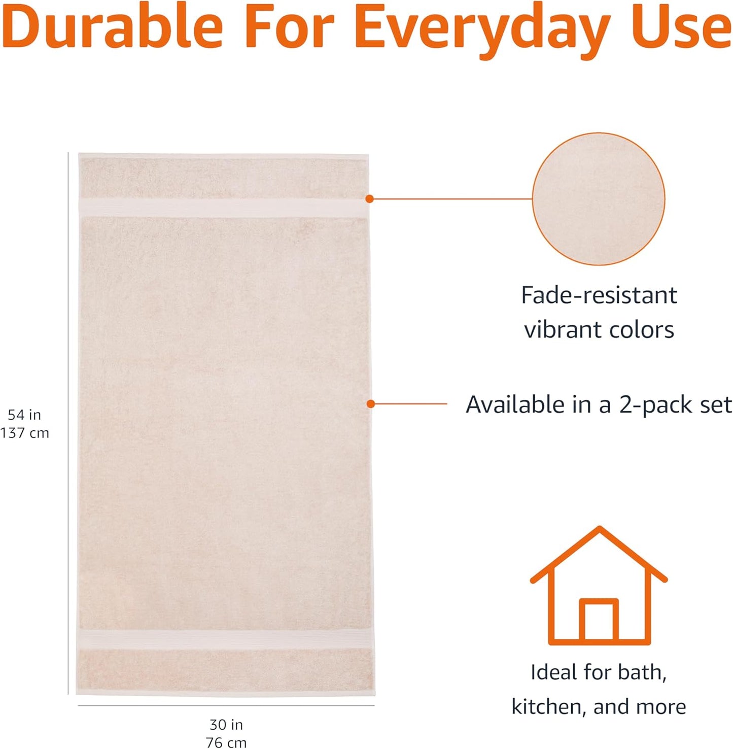 Amazon Basics Fade-Resistant 100% Cotton Bath Towel, Machine Washable, 30"x54", Blush Pink, 2-Pack