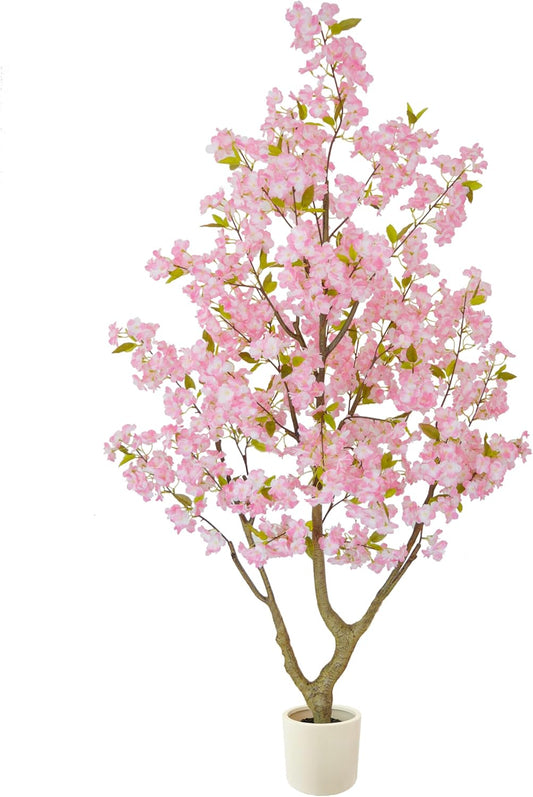 Warmplants 6ft Artificial Cherry Blossom Tree, Fake Sakura Pink Flower Plant in White Planter, Faux Blooming Trees for Home Office Wedding Entryway Décor