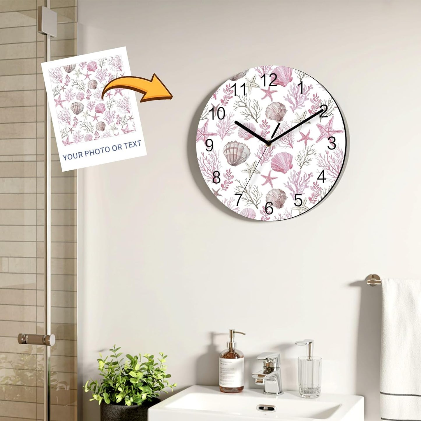 Pink Coastal Wall Clock Battery Operated Non-Ticking 12" Round Wood Clocks, Summer Beach Nautical Coral Starfish Shell Kitchen Wall Clock for School Bathroom Living Room Home Office Wall Decor