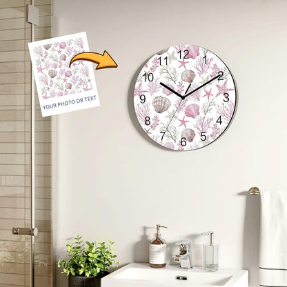 Pink Coastal Wall Clock Battery Operated Non-Ticking 12" Round Wood Clocks, Summer Beach Nautical Coral Starfish Shell Kitchen Wall Clock for School Bathroom Living Room Home Office Wall Decor
